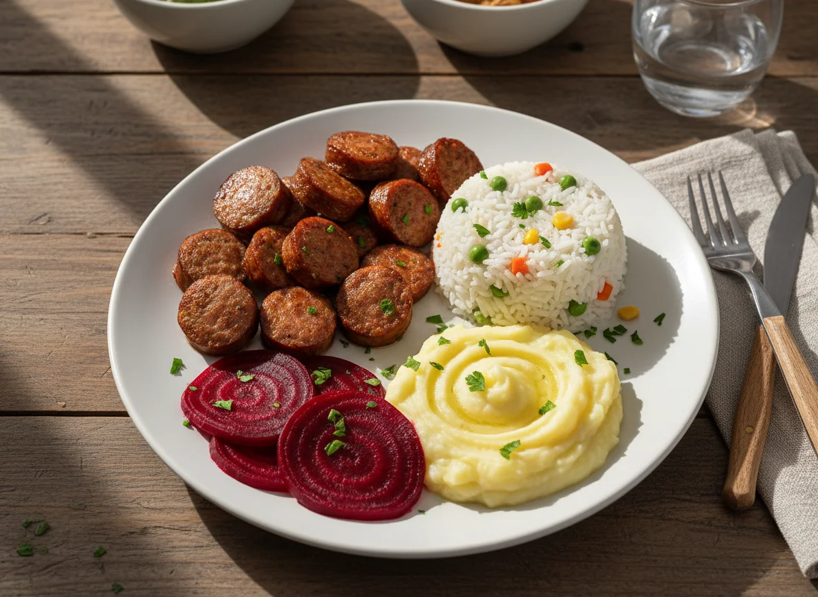Prato misto com linguiça, arroz, purê e beterraba photo