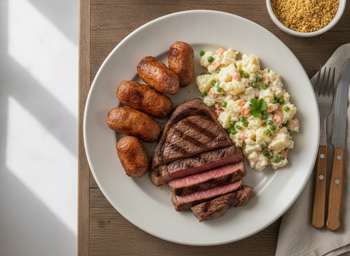Prato misto com linguiça, carne e salada de batata photo