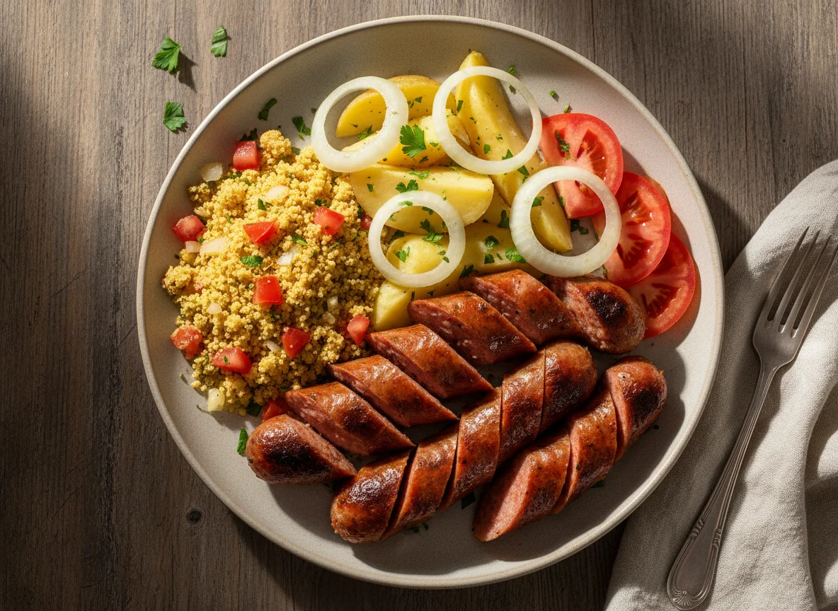 Prato misto com linguiça e acompanhamentos photo