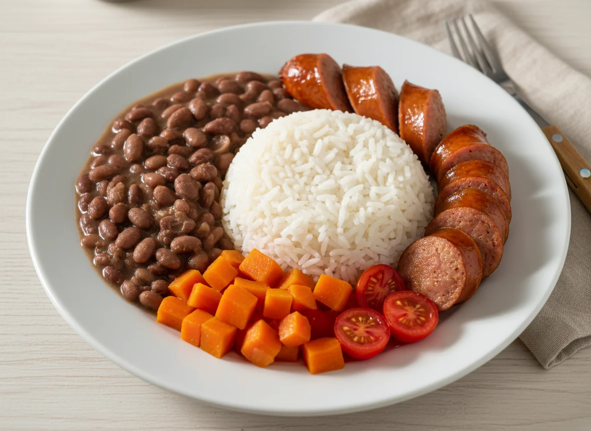 Prato misto com linguiça e arroz photo