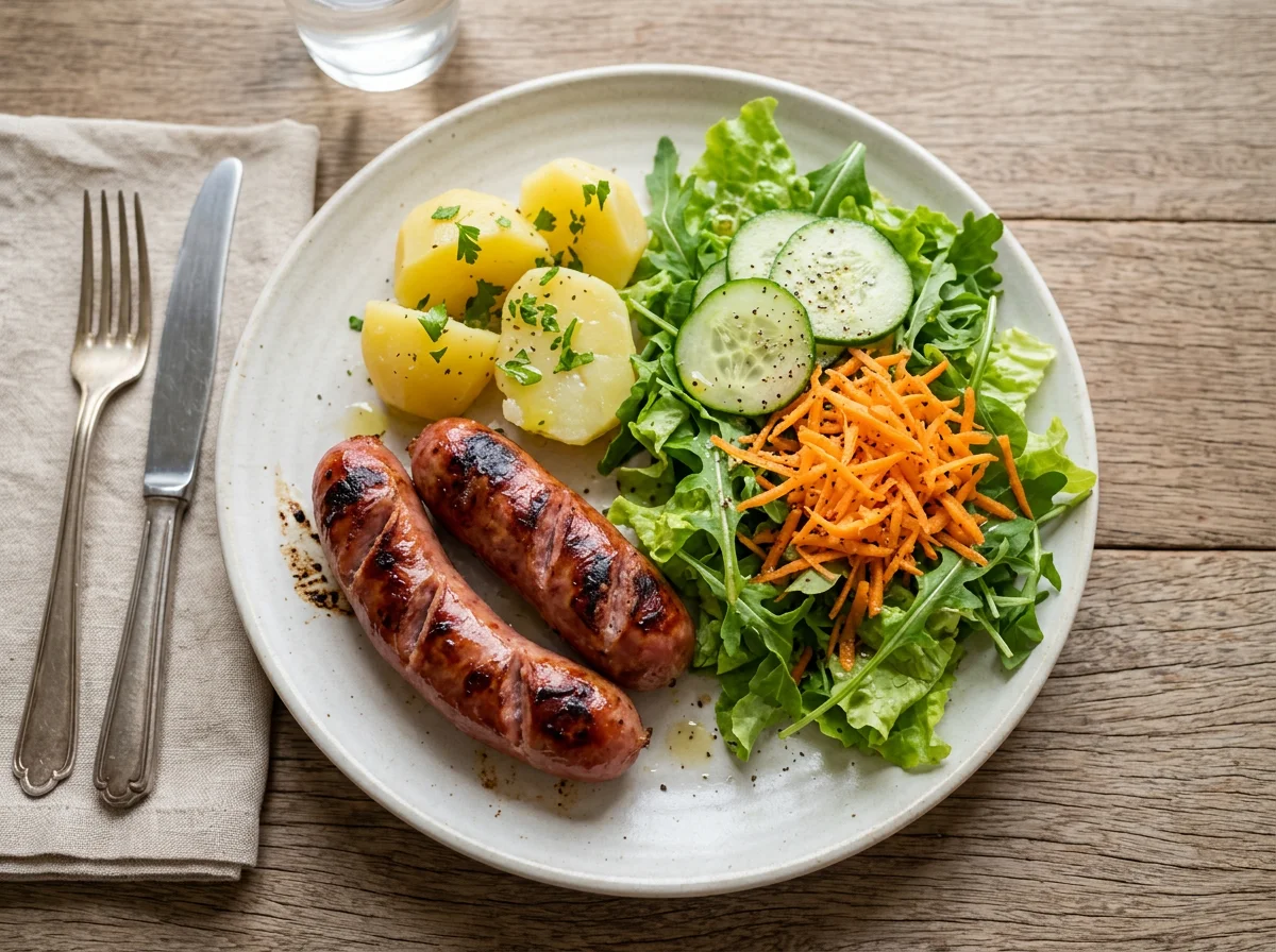 Prato misto com linguiça e salada photo