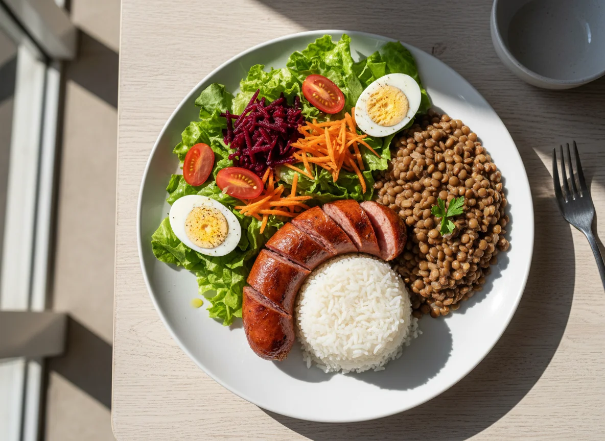 Prato misto com linguiça, lentilha, arroz e salada photo