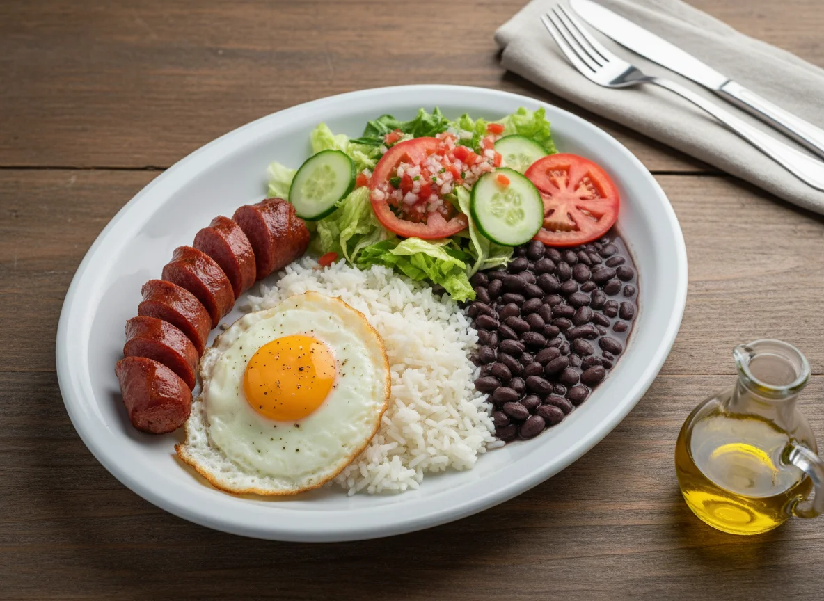 Prato misto com linguiça, ovo e salada photo