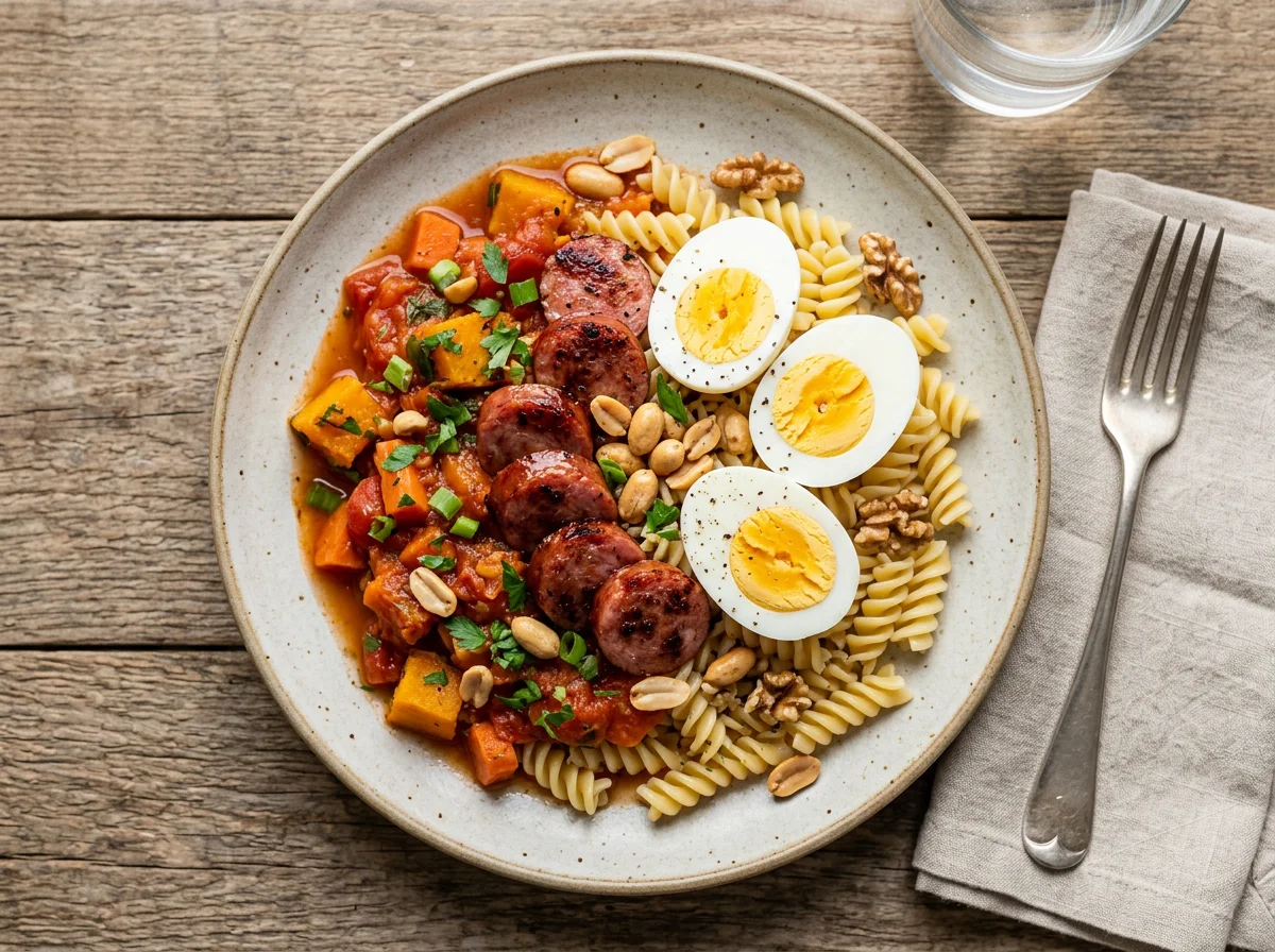 Prato misto com linguiça, ovos e molho de legumes photo