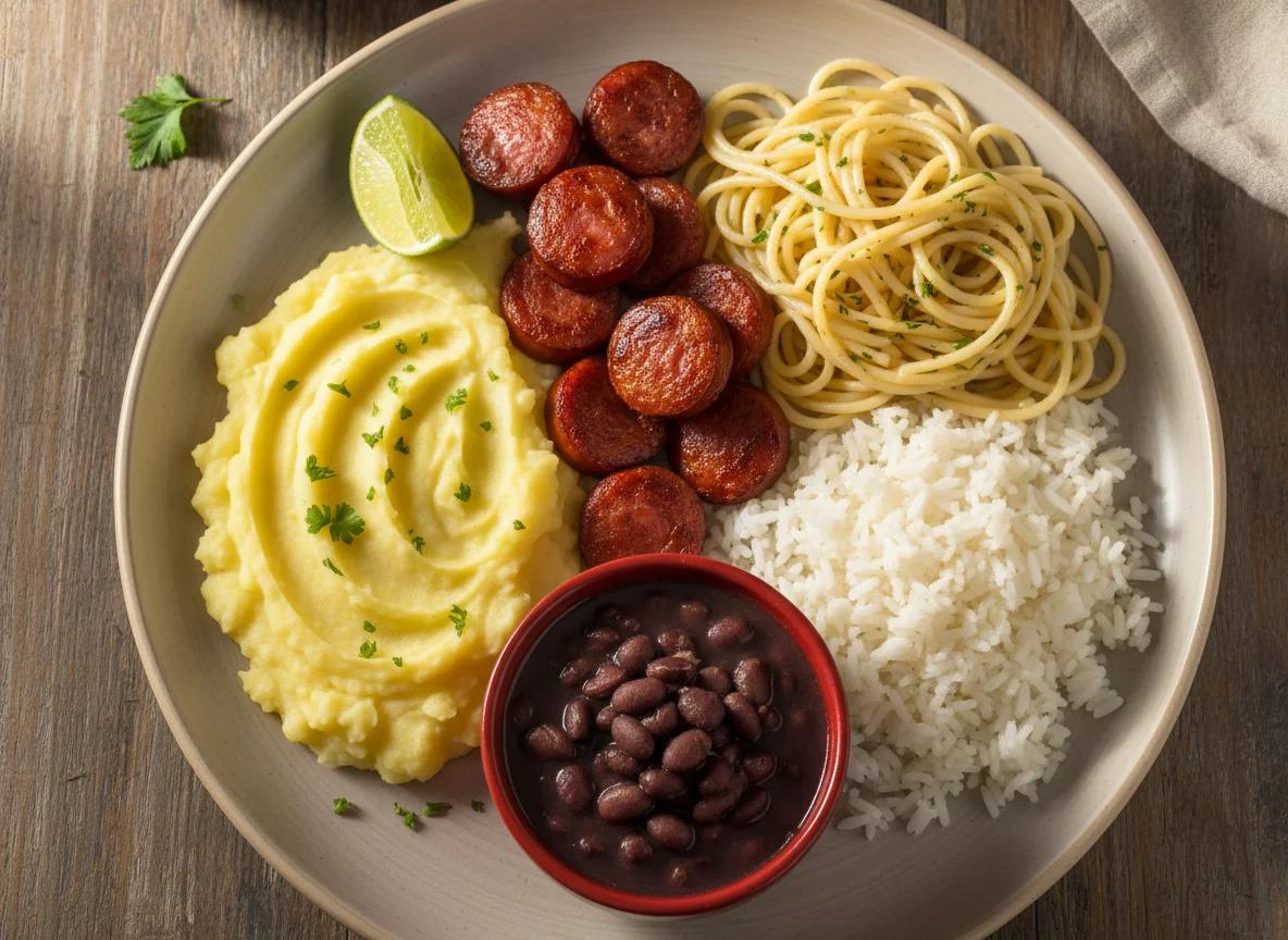 Prato misto com linguiça, purê, arroz e macarrão photo
