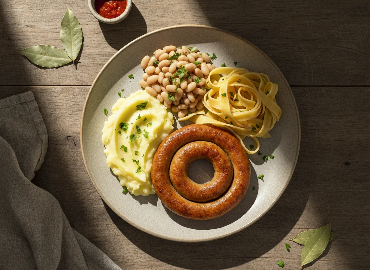 Prato misto com linguiça, purê e massa photo