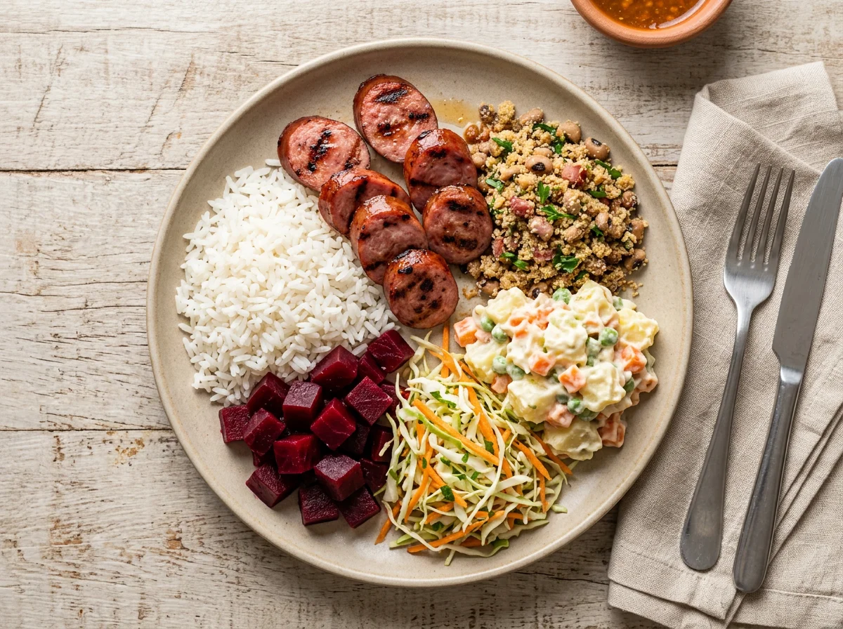 Prato misto com linguiça, saladas e farofa photo