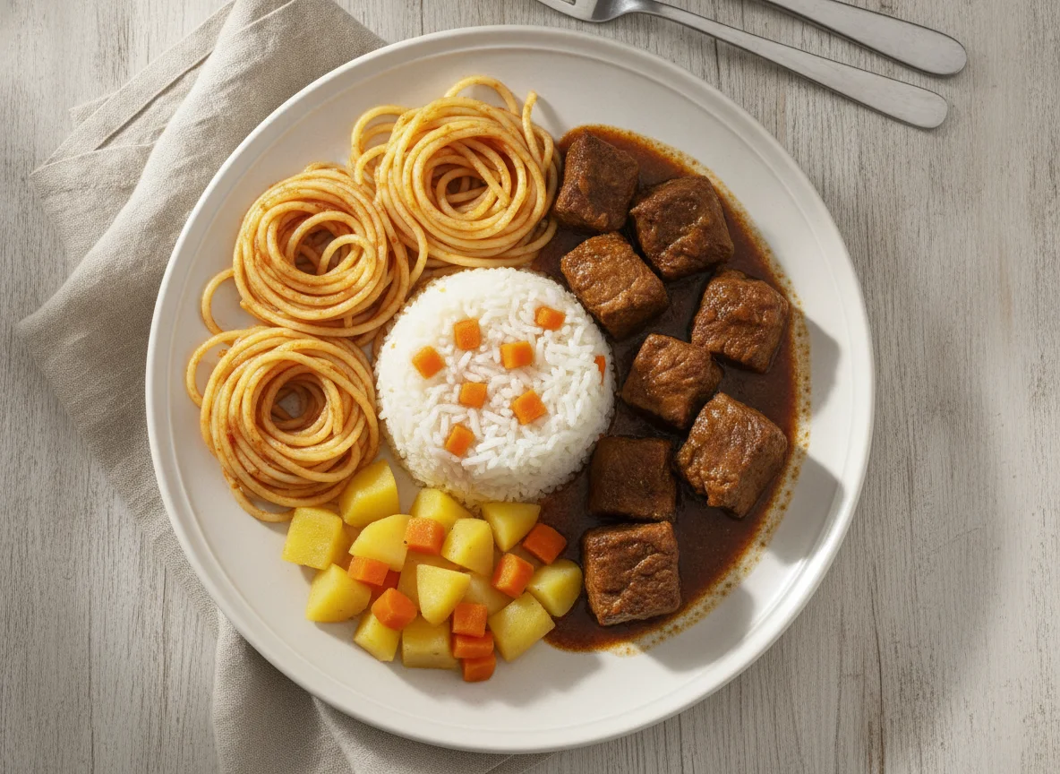 Prato misto com macarrão, arroz e carne photo