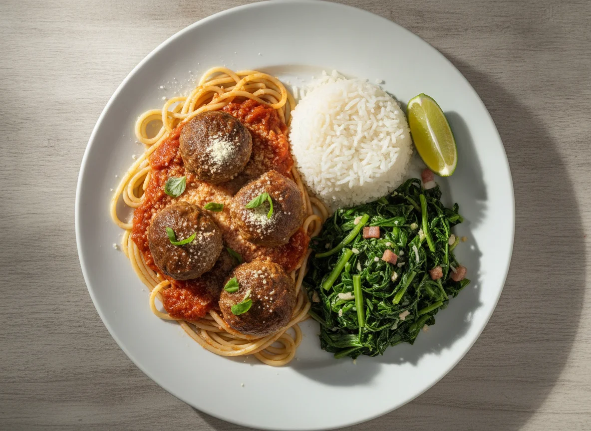 Prato misto com macarrão, arroz e couve photo