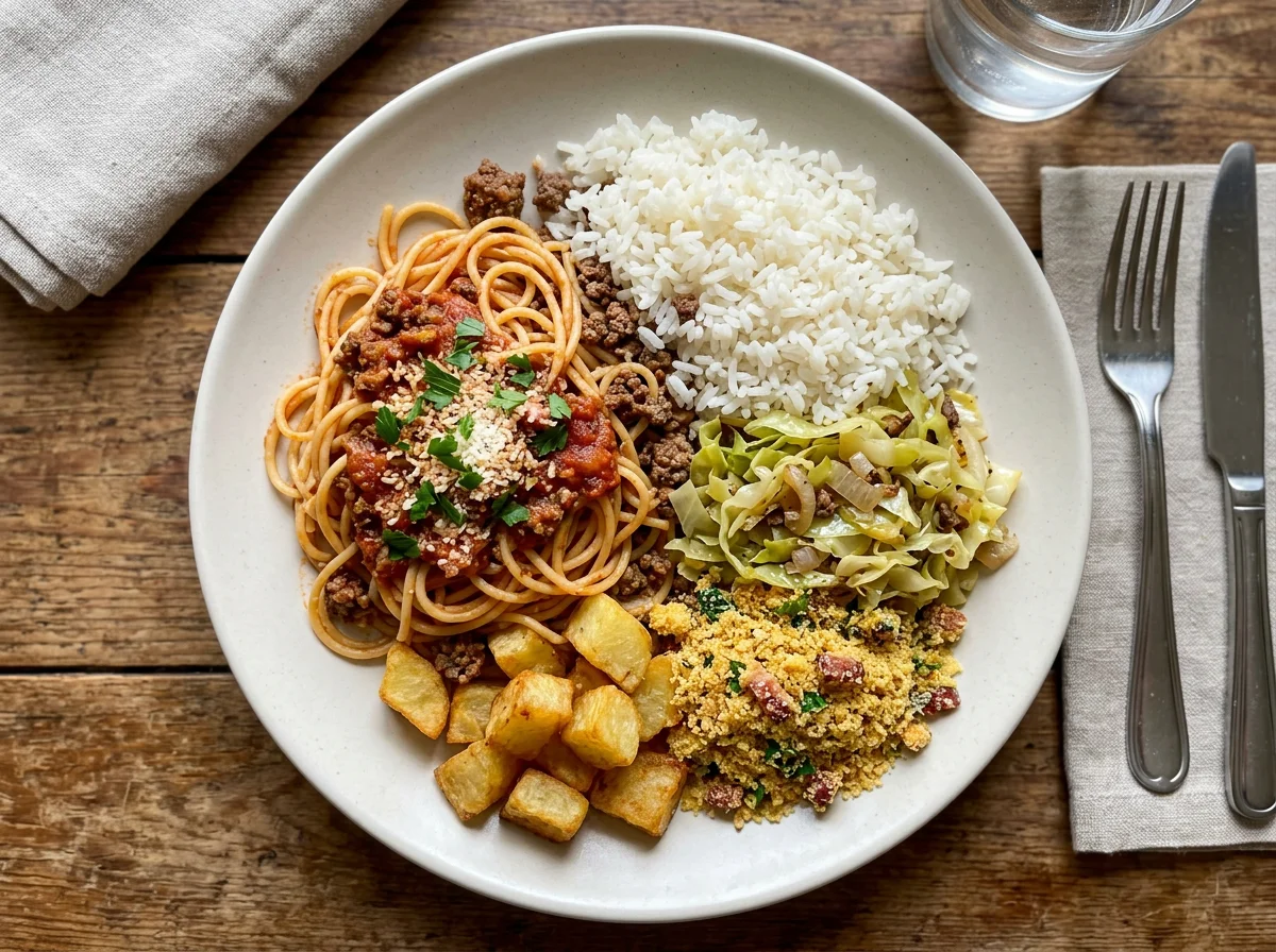 Prato misto com macarrão, arroz e farofa photo