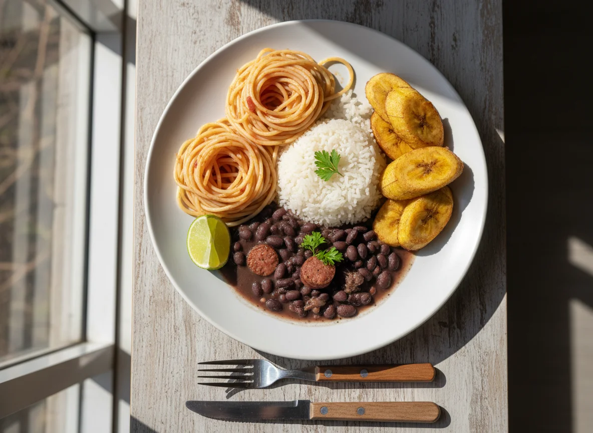 Prato misto com macarrão, arroz, feijão e banana frita photo