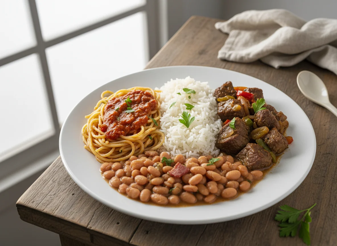 Prato misto com macarrão, arroz, feijão e carne photo