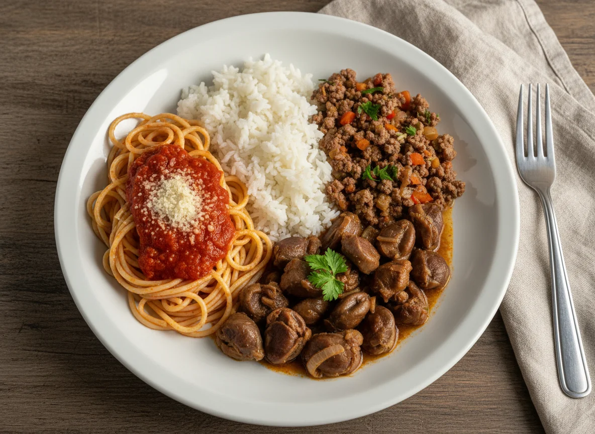 Prato misto com macarrão, arroz, moela e carne moída photo