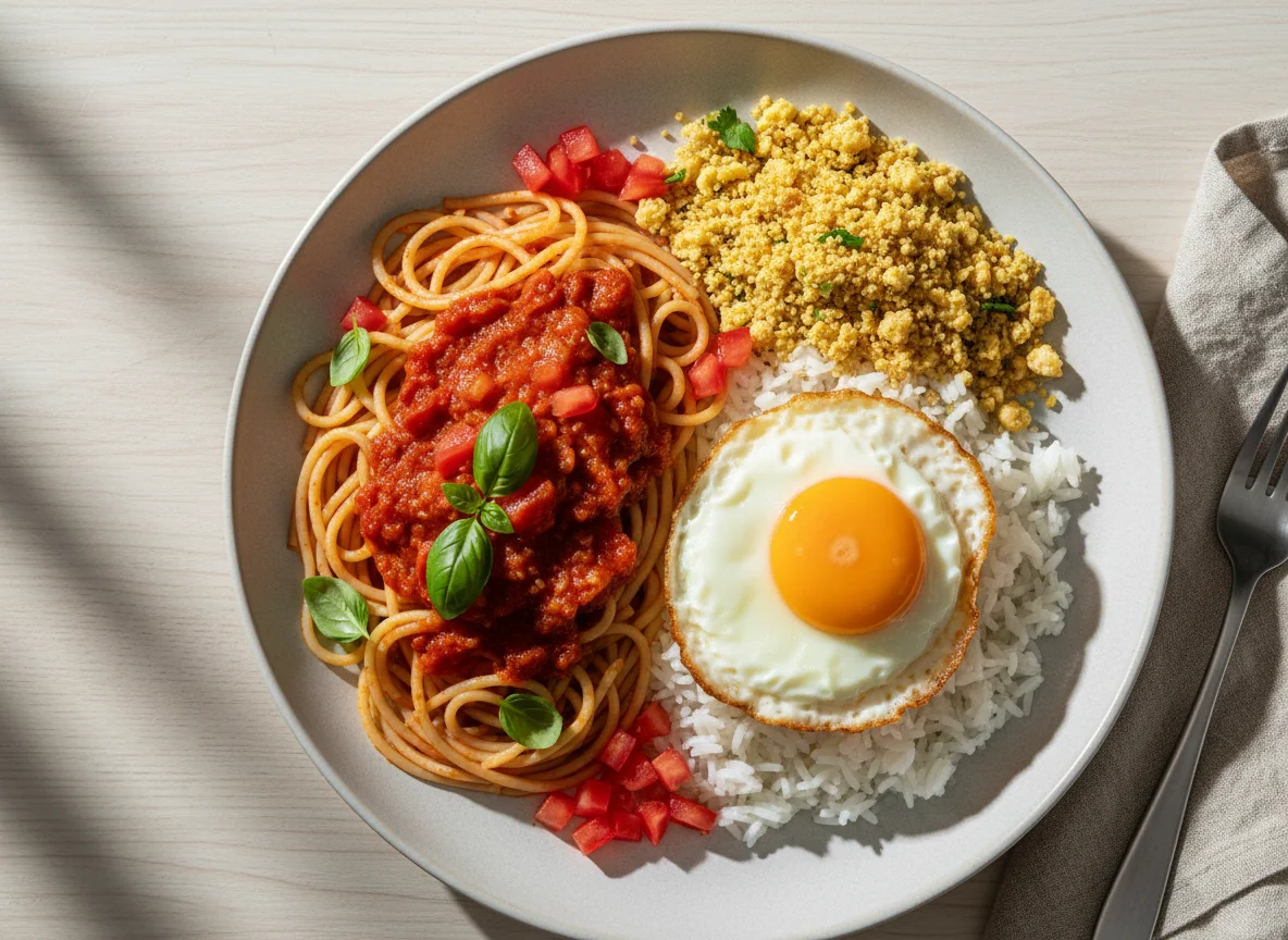 Prato misto com macarrão, arroz, ovo e farofa photo