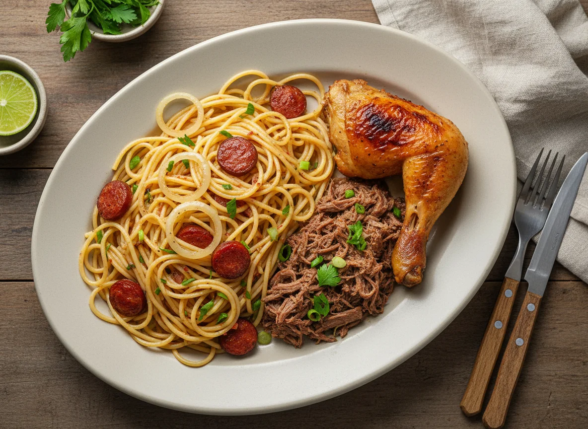 Prato misto com macarrão, carne desfiada e frango assado photo
