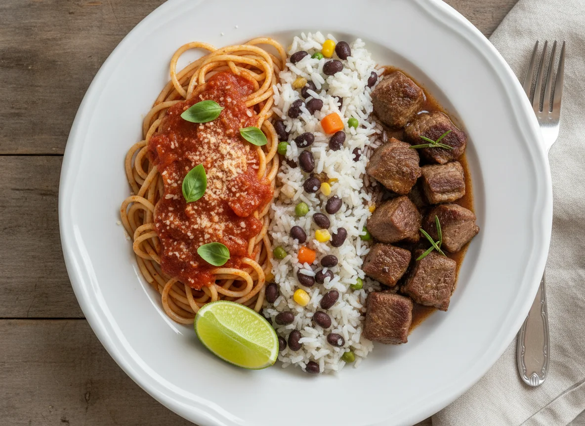 Prato misto com macarrão, carne e arroz com feijão photo