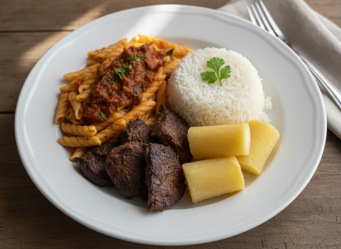 Prato misto com macarrão, carne e mandioca photo