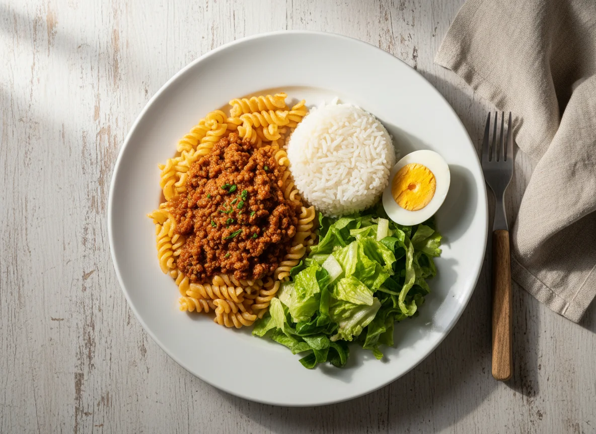 Prato misto com macarrão, carne moída, arroz, salada e ovo cozido photo