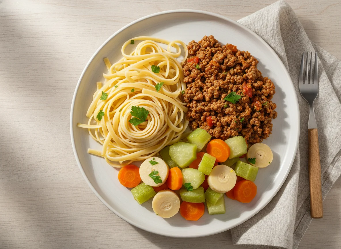 Prato misto com macarrão, carne moída e legumes photo