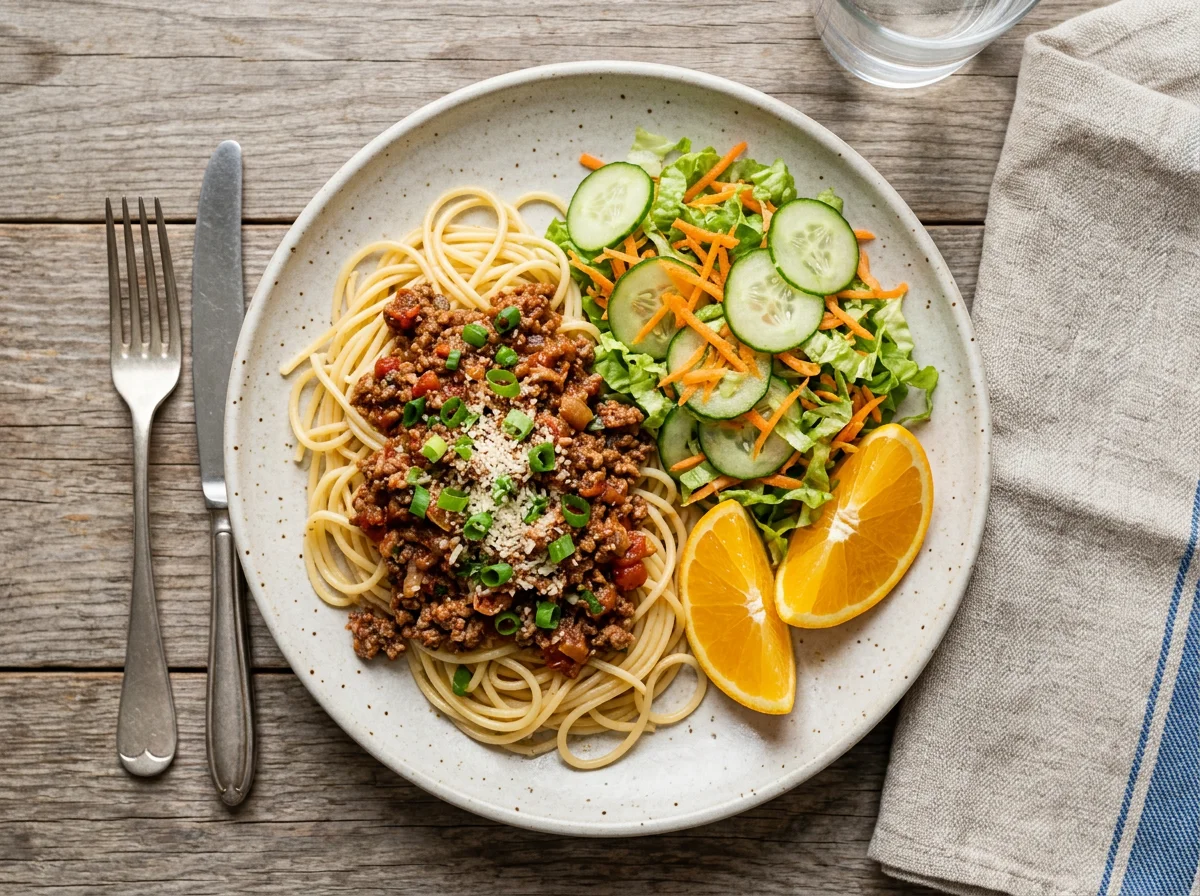Prato misto com macarrão, carne moída e salada photo