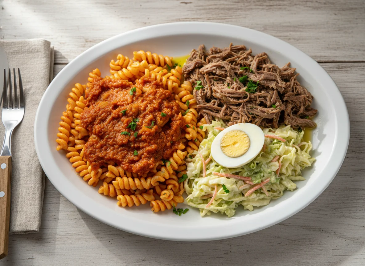 Prato misto com macarrão, carne, salada e ovos photo