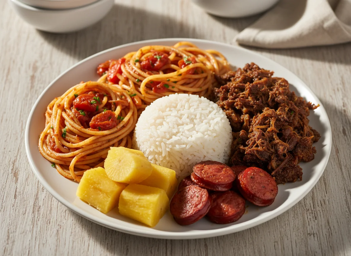 Prato misto com macarrão e carne photo