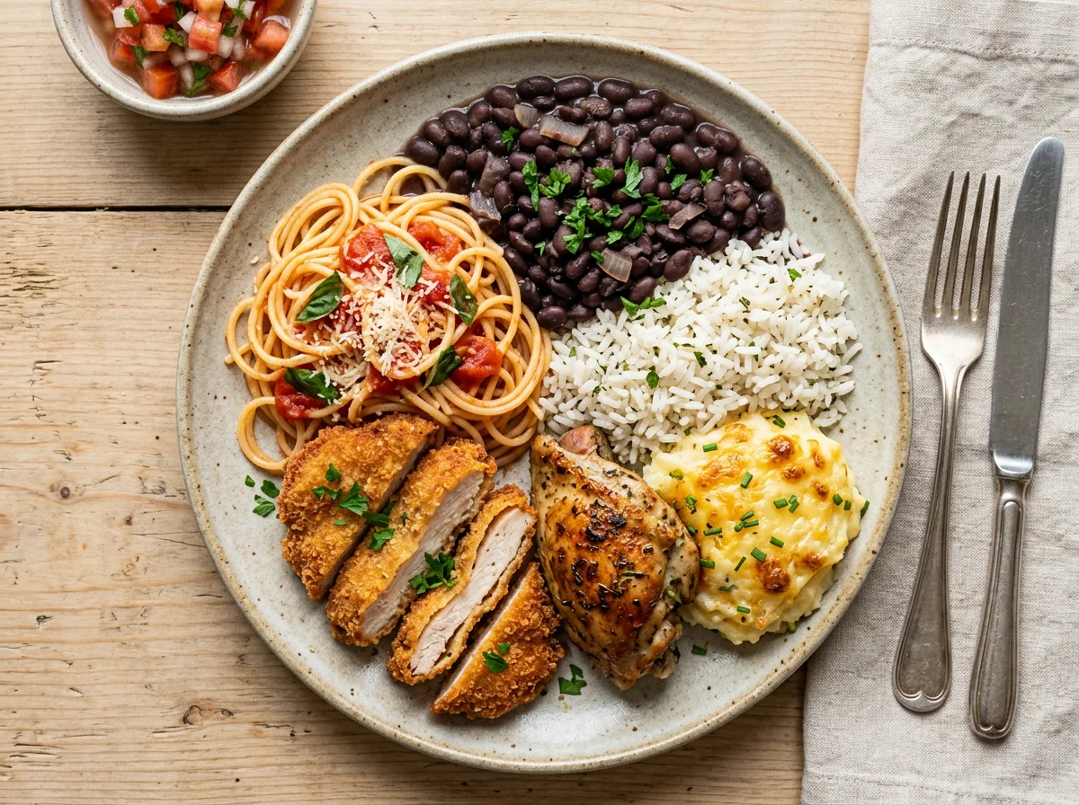 Prato misto com macarrão, frango empanado e feijão photo