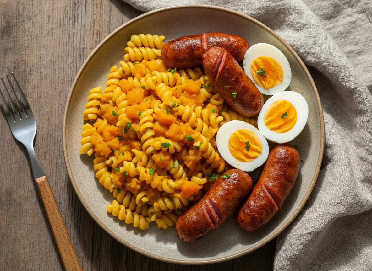 Prato misto com macarrão, molho, linguiça e ovos photo