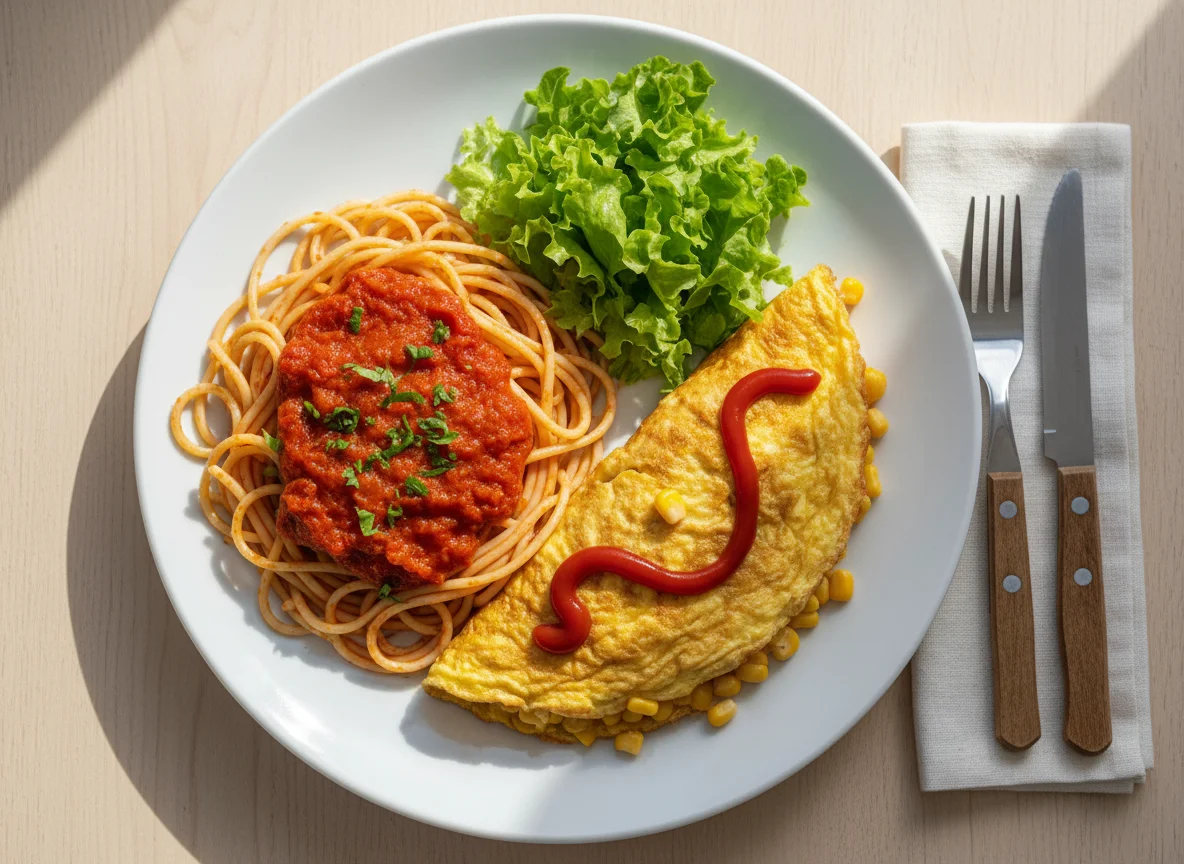 Prato misto com macarrão, omelete e salada photo