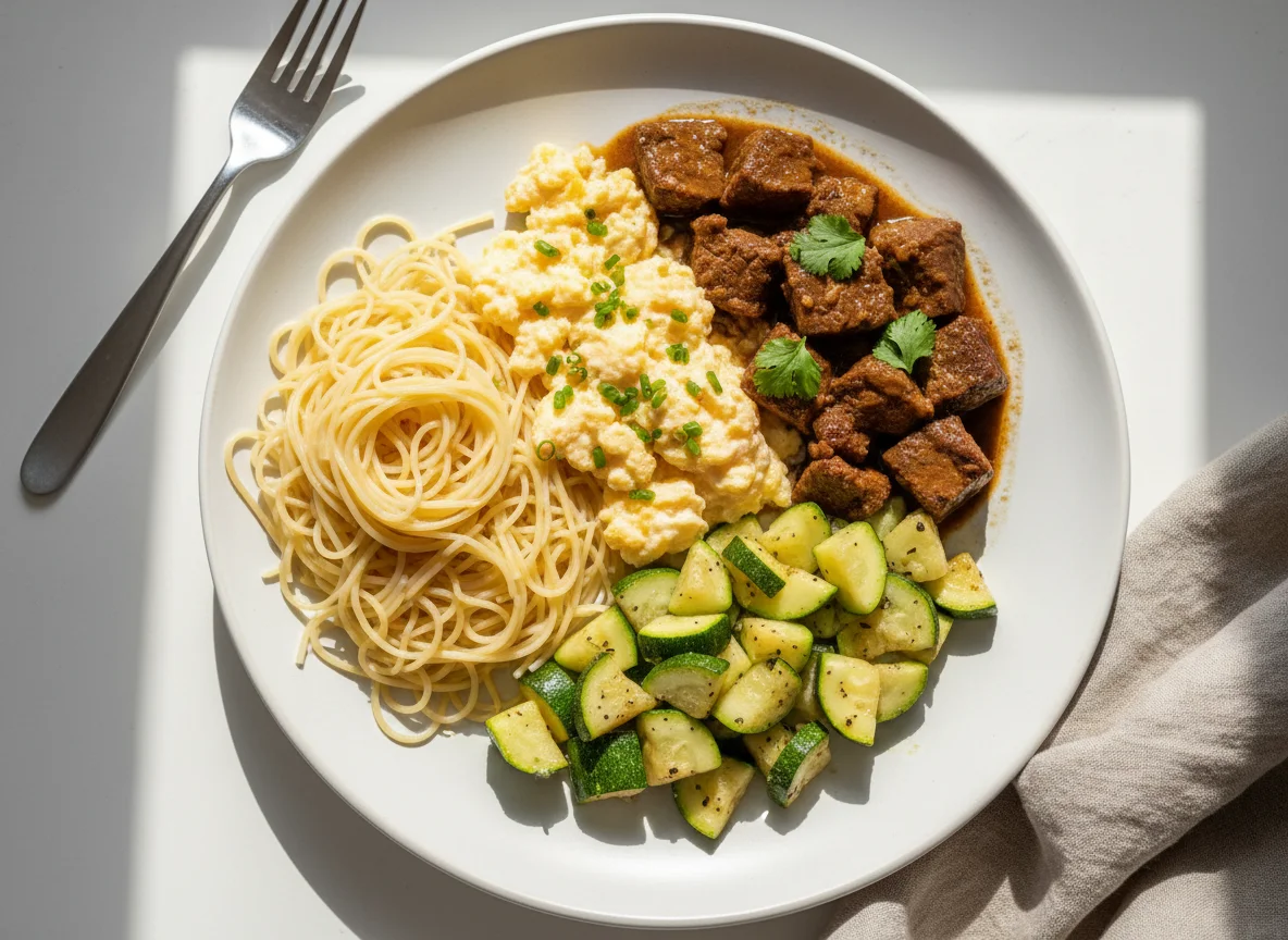 Prato misto com macarrão, ovos mexidos, abobrinha e carne photo
