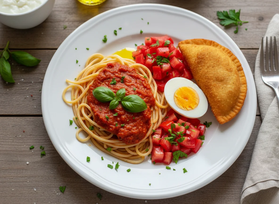 Prato misto com macarrão, ovos, tomate e salgado frito photo