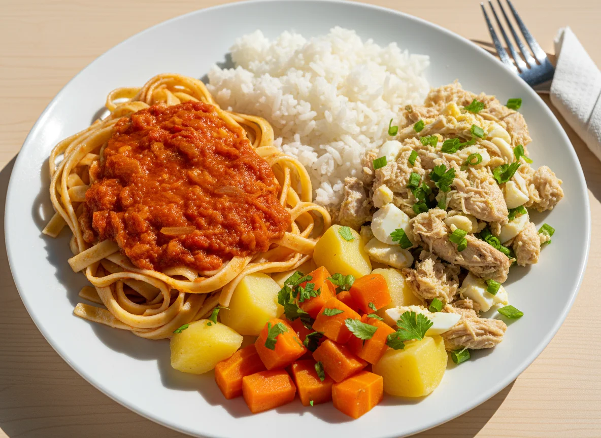 Prato misto com massa, arroz e frango desfiado photo