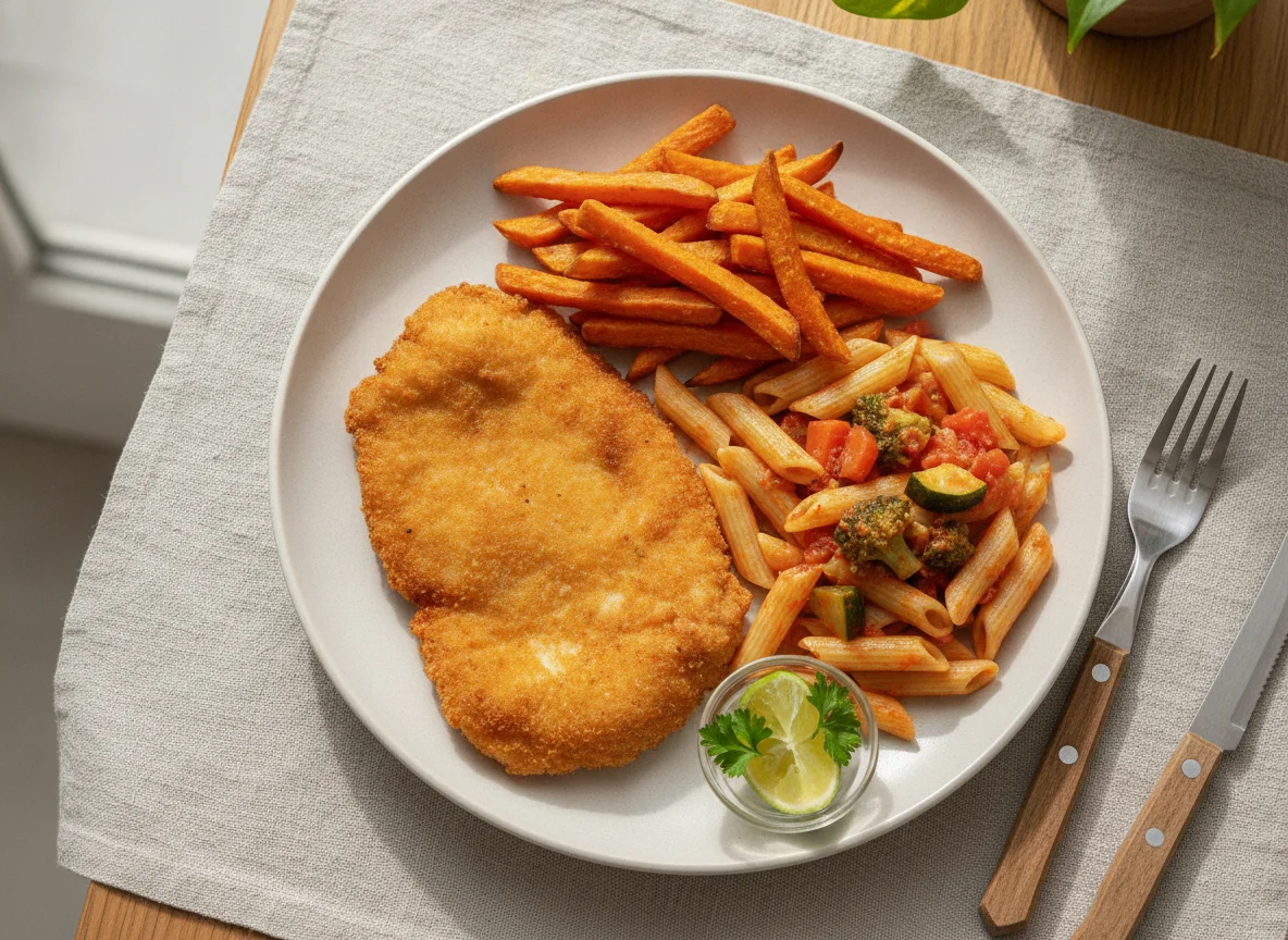 Prato misto com massa, bife à milanesa e batata doce photo