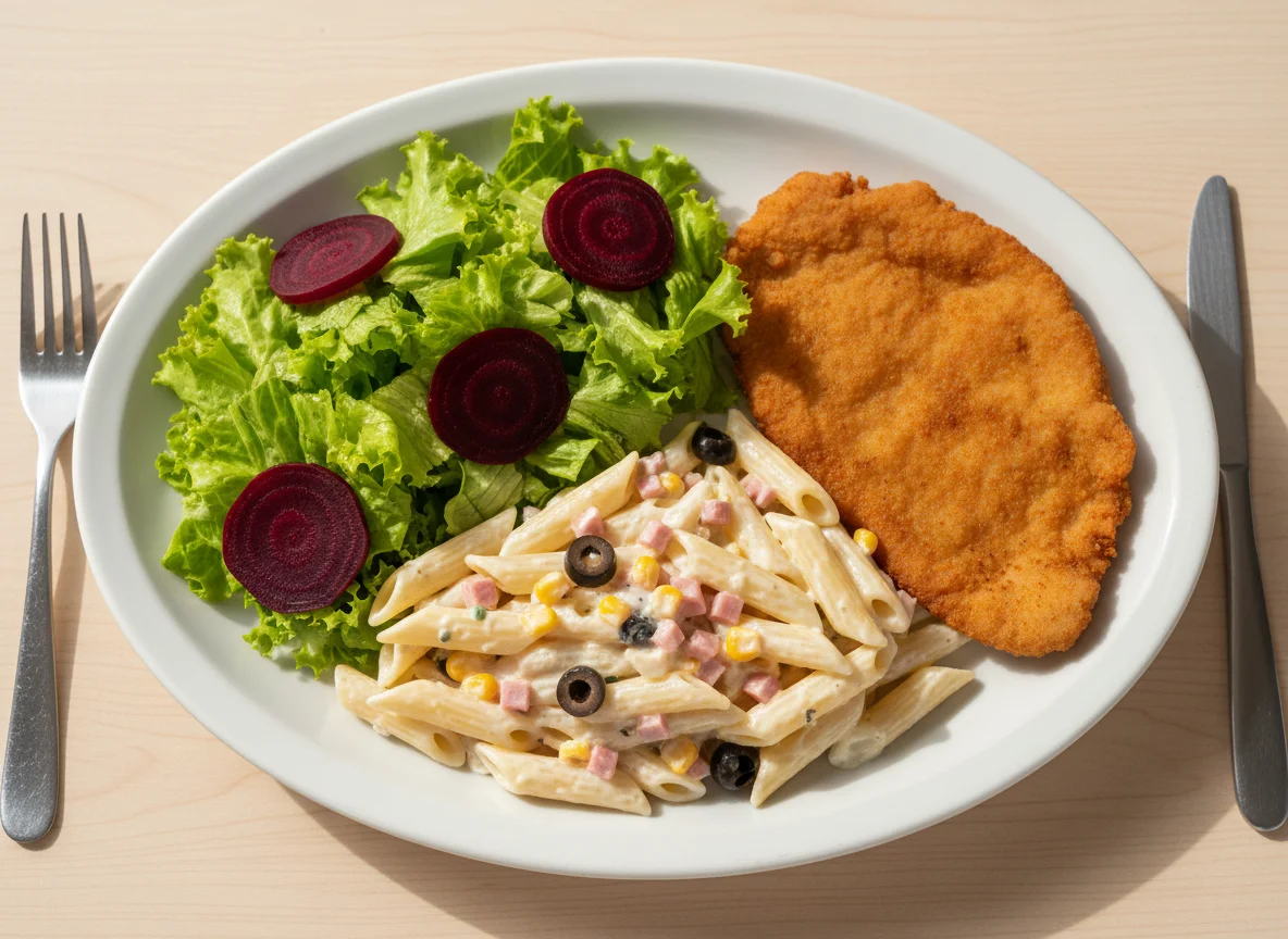 Prato misto com massa, carne e salada photo