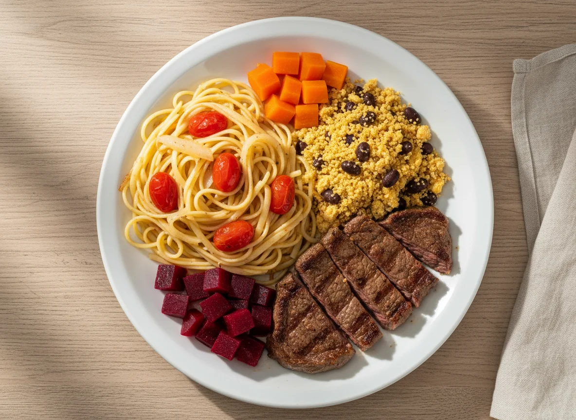 Prato misto com massa, farofa e carne photo