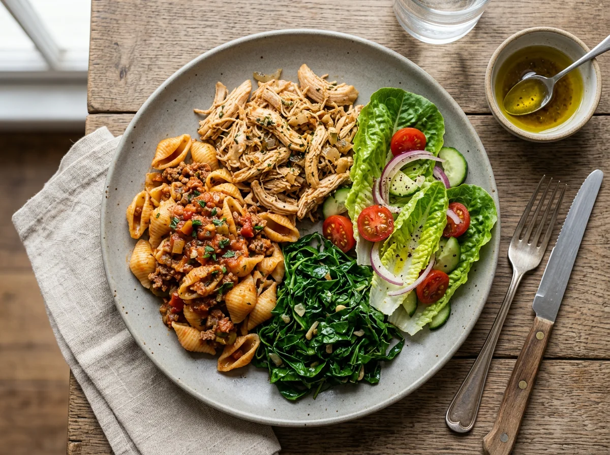 Prato misto com massa, frango desfiado e salada photo