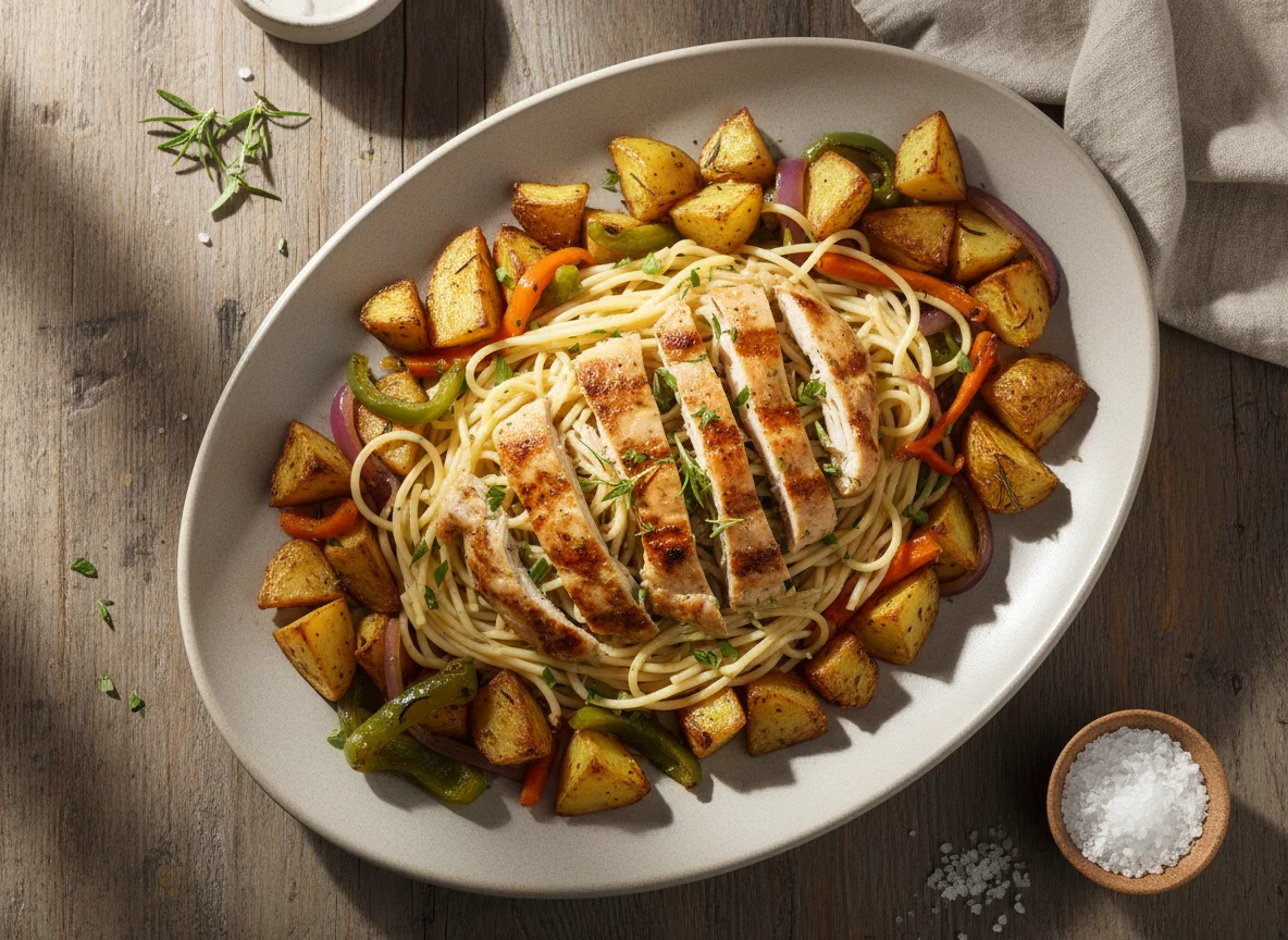 Prato misto com massa, frango e batatas photo