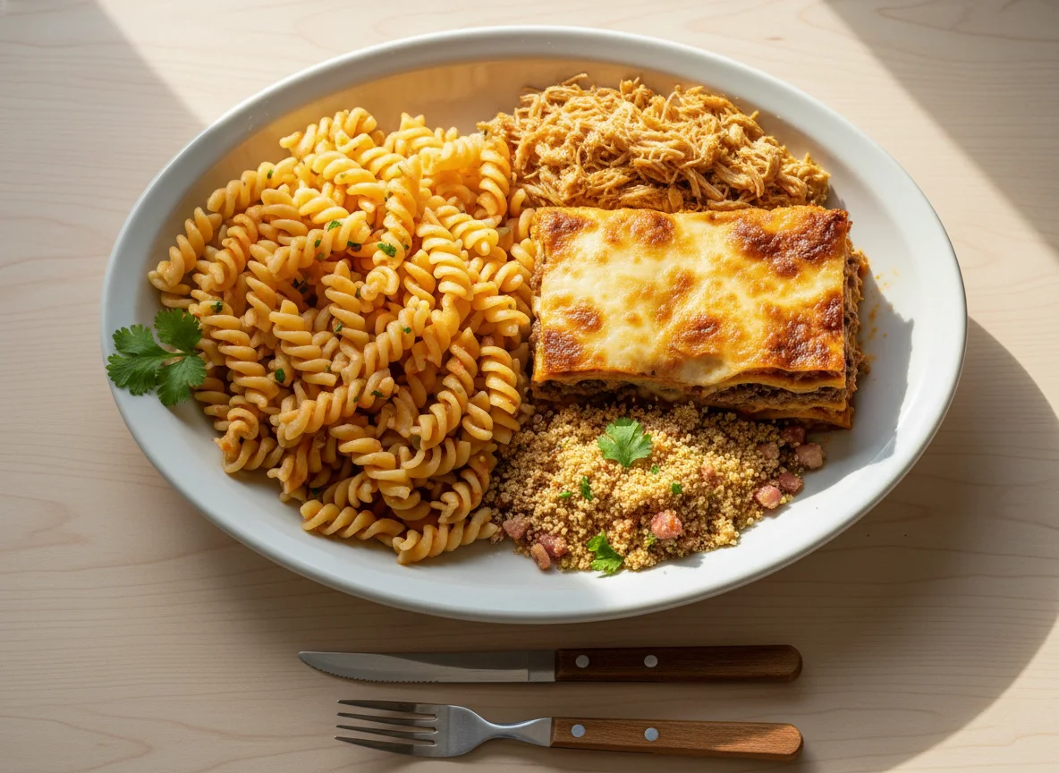 Prato misto com massa, frango e lasanha photo