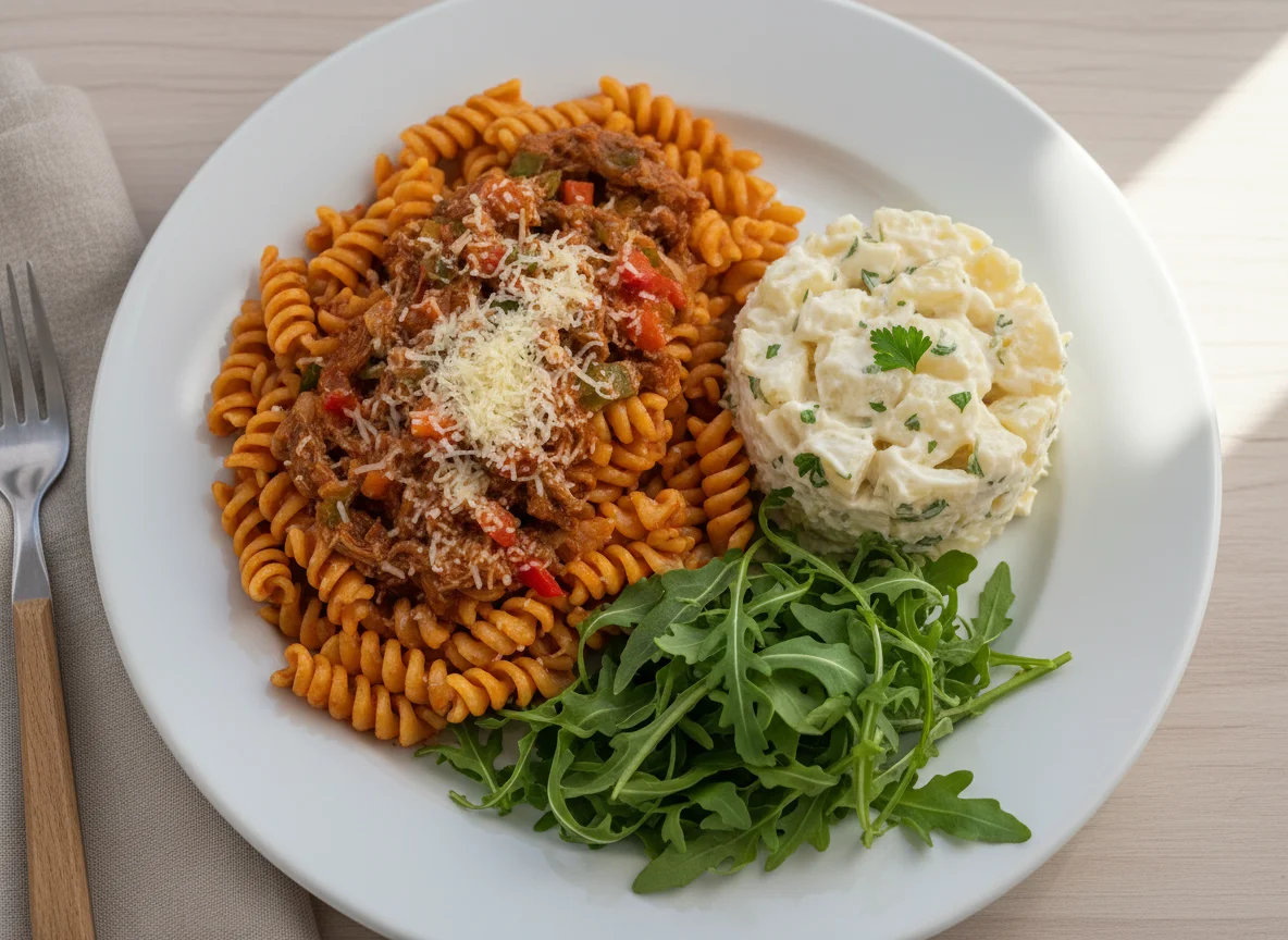 Prato misto com massa, molho, salada de maionese e rúcula photo