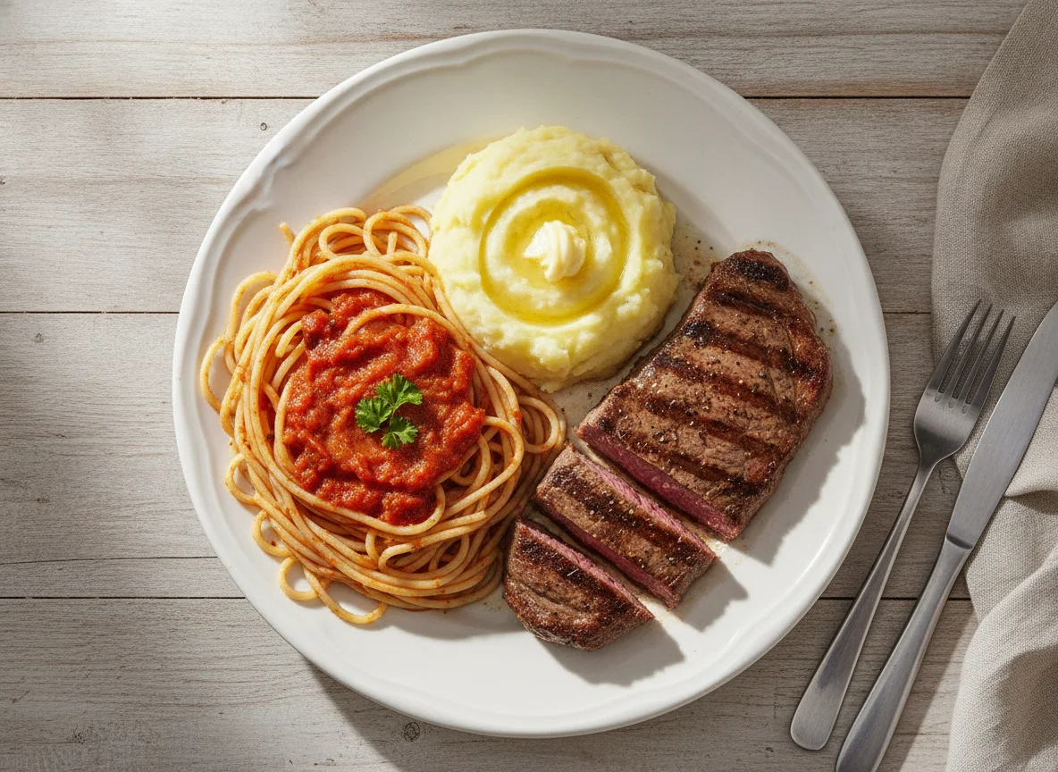 Prato misto com massa, purê e carne photo