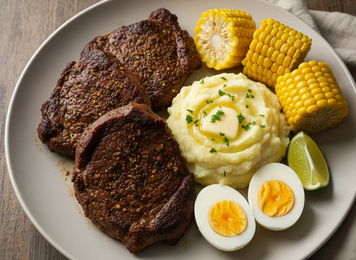 Prato misto com milho, carne, ovos e puré photo