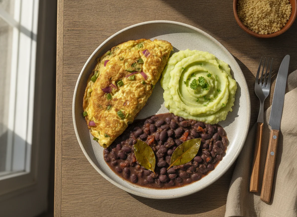 Prato misto com omelete, purê e feijão photo