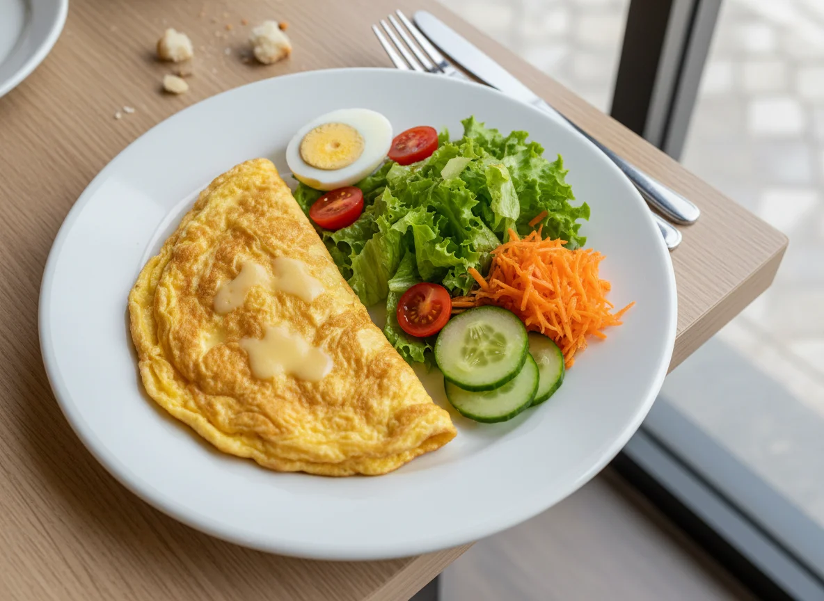 Prato misto com omelete, salada e ovo cozido photo