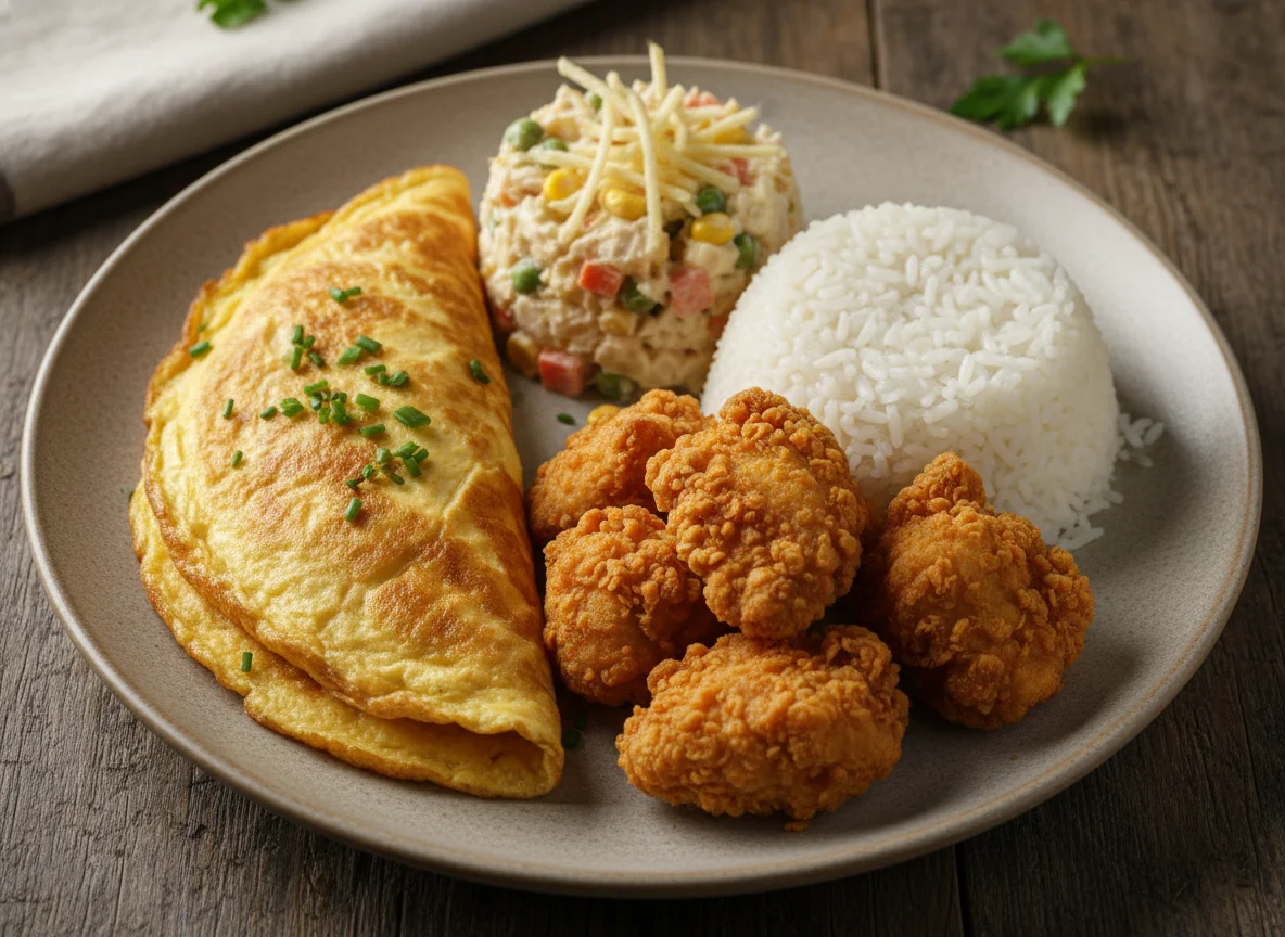 Prato misto com omelete, salpicão e arroz photo