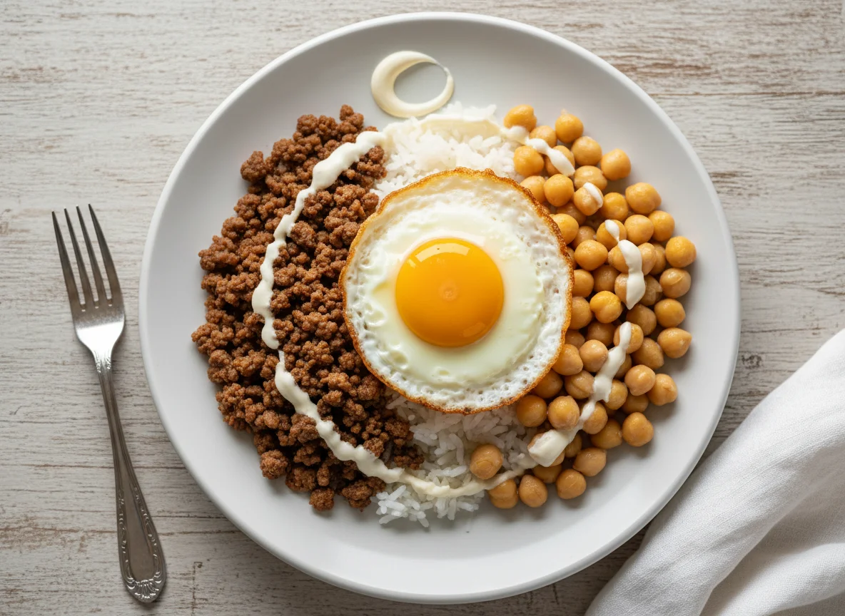 Prato misto com ovo, carne moída e grão de bico photo