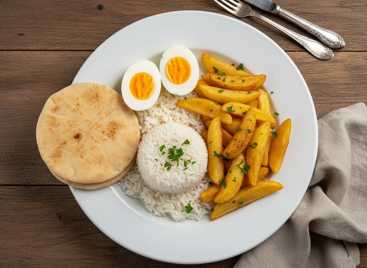Prato misto com ovos, arroz, batatas fritas e pão pita photo
