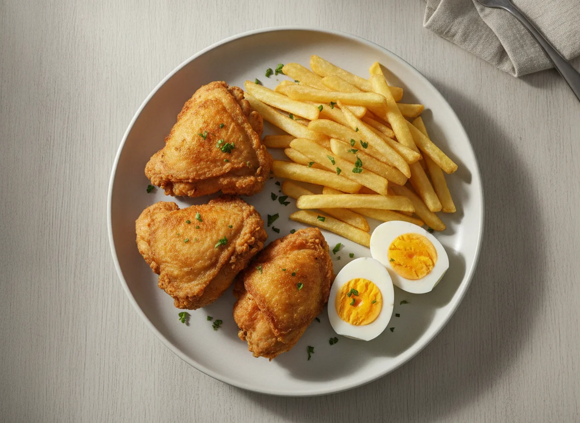 Prato misto com ovos, frango e batata photo