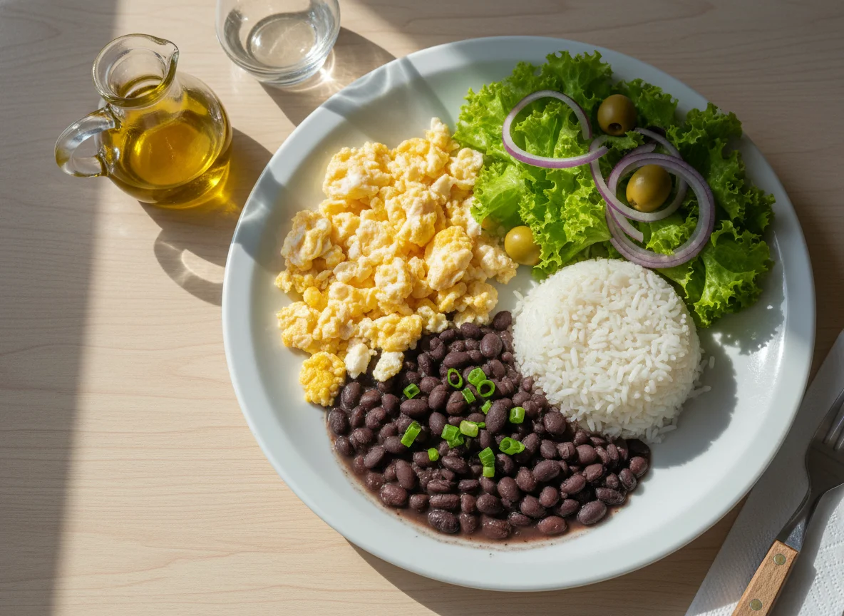 Prato misto com ovos mexidos, arroz com feijão e salada photo