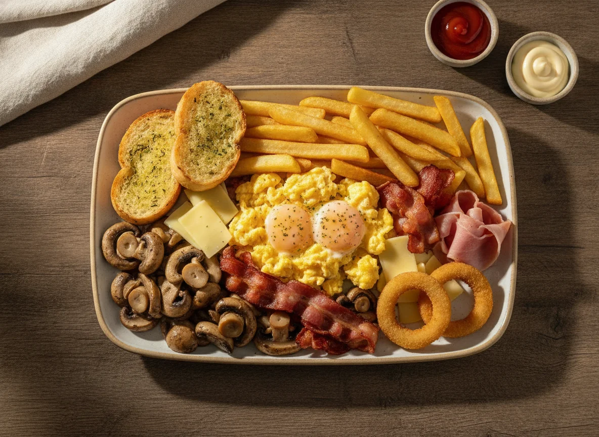 Prato misto com ovos mexidos, batatas fritas e cogumelos photo