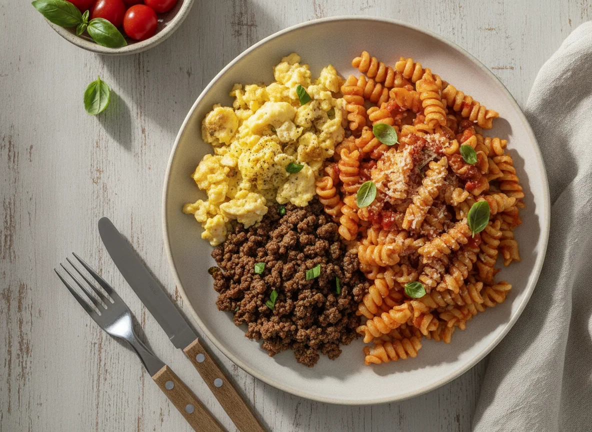 Prato misto com ovos mexidos, carne moída e macarrão photo